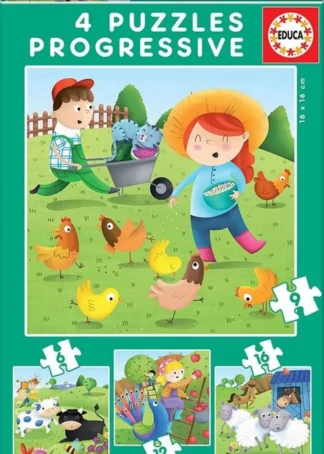 ANIMALES GRANJA 4 PUZZLES PROGRESIVOS 6,9,12,16 PIEZAS