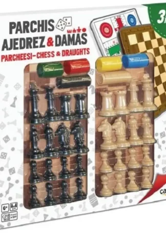 TABLERO PARCHIS AJEDREZ Y DAMAS CON ACCESORIOS 40X40CM