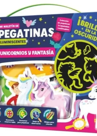 MALETIN 100 PEGATINAS LUMINISCENTES UNICORNIOS Y FANTASIA