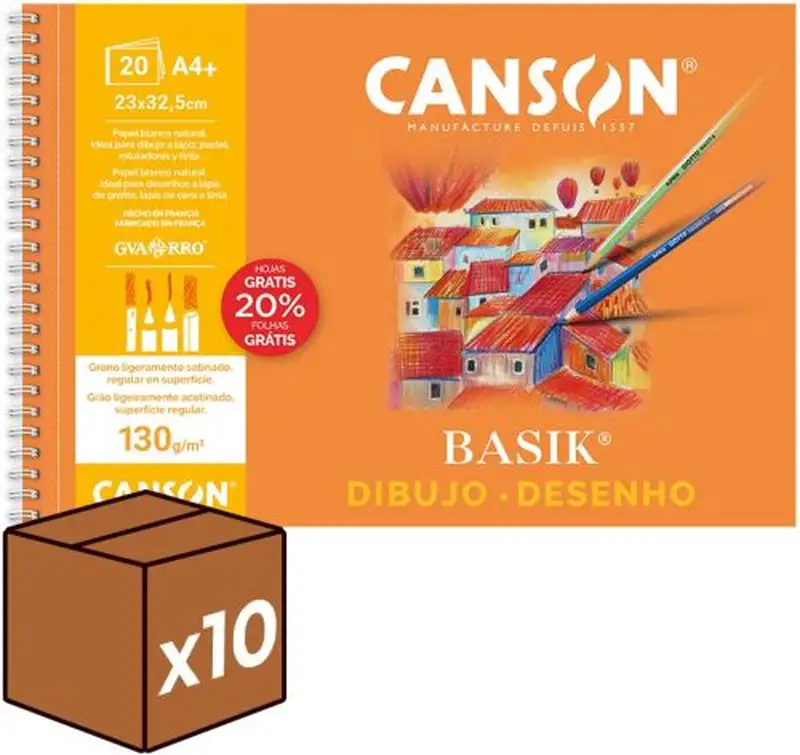 (PACK 10U.) BLOC DIBUJO ESPIRAL BASIK A4+ 20H 130G. LISO