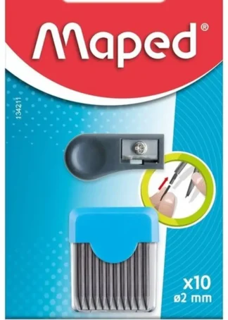 BLISTER CON 10 MINAS DE RECAMBIO COMPAS 2 MM + SACAPUNTAS