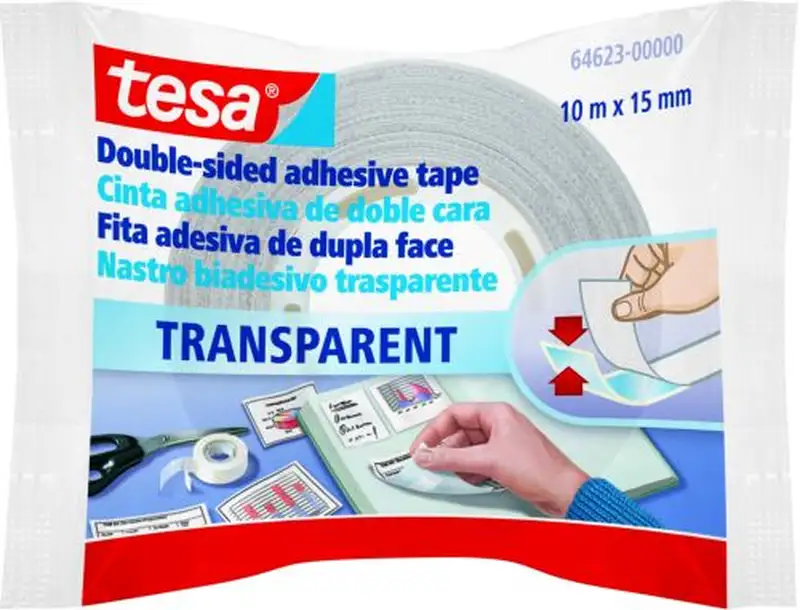 C/12 ROLLOS CINTA DOBLE CARA 10MX15MM TRANSPARENTE
