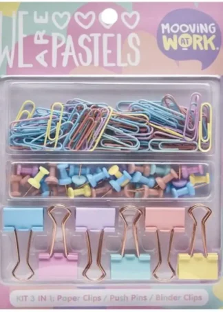 SET DE OFICINAL PASTEL PINZAS CLIPS Y PUSH PINS MAW PASTEL