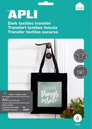 PACK 5 HOJAS A4 PAPEL TRANSFER PARA PRENDAS DE COLOR APLI