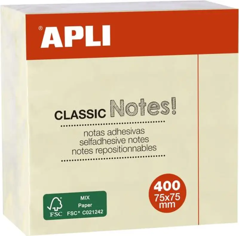 CUBO 400 NOTAS ADHESIVAS 75X75MM AMARILLAS APLI
