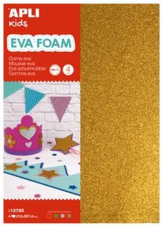 BLISTER 4 LAMINAS GOMA EVA PURPURINA A4 PL,ORO,RO Y VERDE