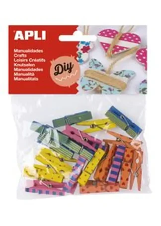 BOLSA 20 MINI PINZA MADERA DECORADA COLORES SURTIDOS