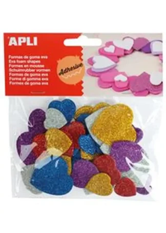 BOLSA 50 CORAZONES GOMA EVA ADHESIVOS PURPURINA SURTIDOS