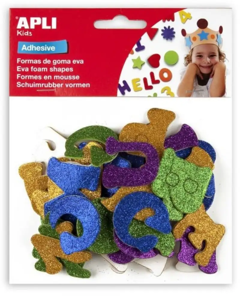 BOLSA 50 ALFABETO GOMA EVA PURPURINA ADHESIVAS SURTIDAS