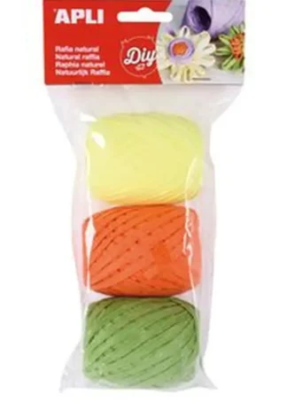 BLISTER 3 OVILLOS RAFIA NATURAL TONOS FLUORESCENTES 30M