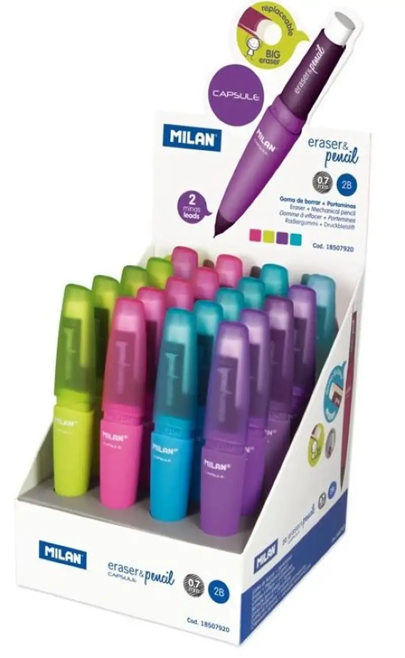 EXP 20 PORTAMINAS+GOMA 0,7MM 2B ERASER PENCIL CAPSULE MILAN
