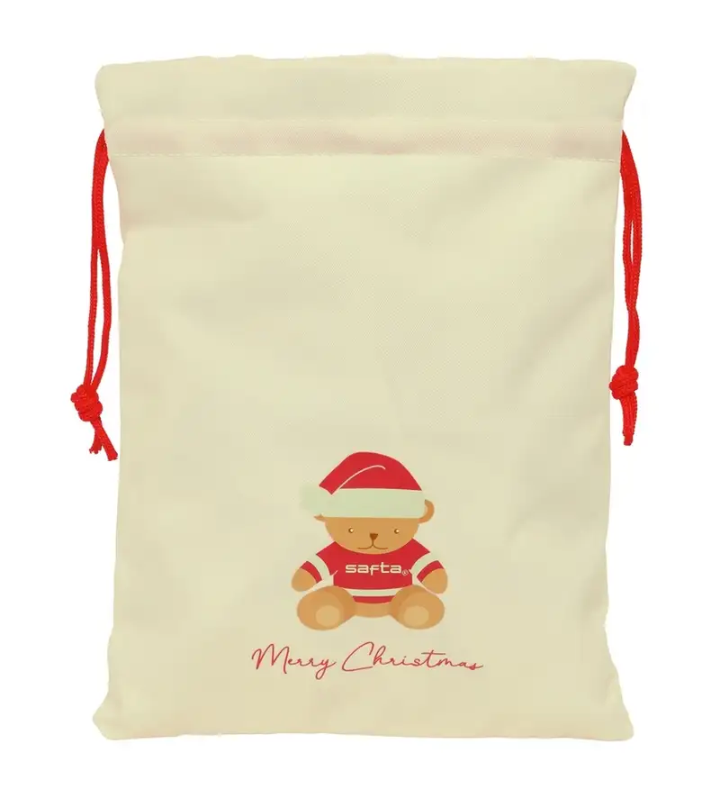 SAQUITO PLANO OSITO BEIGE FELICES FIESTAS 26X34X1CM