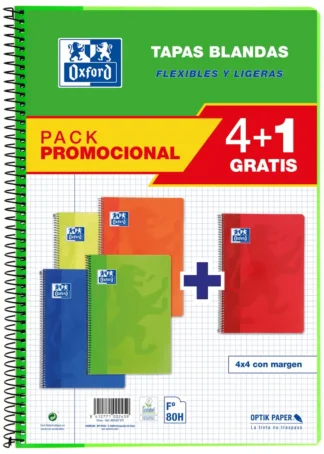 PACK 4+1 BLOC Fº 80H 90G. CUAD.4X4 C/M COLORES VIVOS