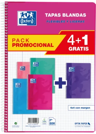 PACK 4+1 BLOC Fº 80H 90G. CUAD.4X4 C/M COLORES TENDENCIA