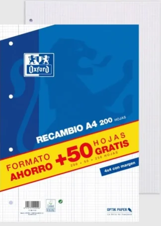 RECAMBIO A4 200+50H 4 TALADROS 90G. CUAD.4X4 C/M OXFORD