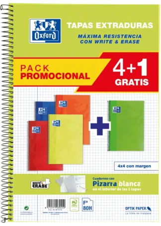 PACK 4+1 BLOC Fº 80H 90G. CUAD.4X4 C/M COLORES VIVOS T/EXT.