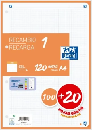RECAMBIO 1 COLOR A4 100+20H 90G CUADRICULA 5X5 NARANJA