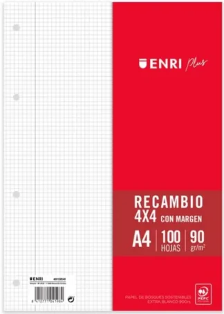 RECAMBIO A4 4 TALADROS 100H 90G CUAD 4X4 C/MARGEN ENRI