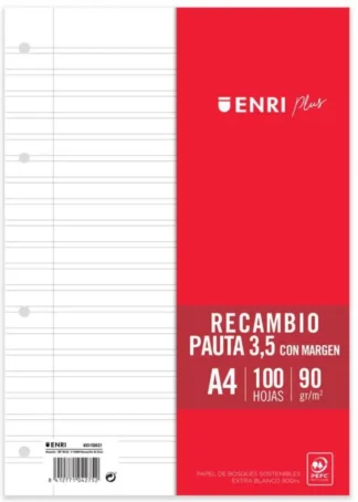RECAMBIO A4 100H 4 TALADROS 90G PAUTA 3,5 C/M ENRI