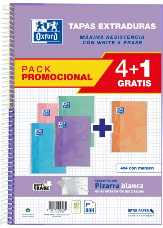 PACK 4+1 BLOC Fº 80H 90G. CUAD.4X4 C/M TAPA EXT. PASTEL