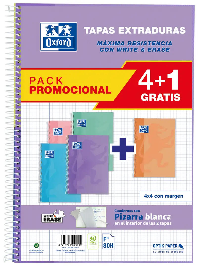 PACK 4+1 BLOC Fº 80H 90G. CUAD.4X4 C/M TAPA EXT. PASTEL