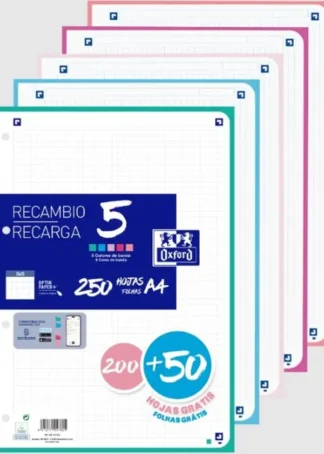RECAMBIO 5 MULTICOLOR A4 250H 90G 4 T. CUAD.5X5 C.PASTEL