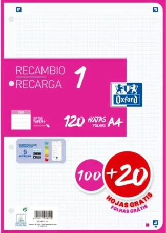RECAMBIO 1 COLOR A4 100+20H 90G CUADRICULA 5X5 FUCSIA