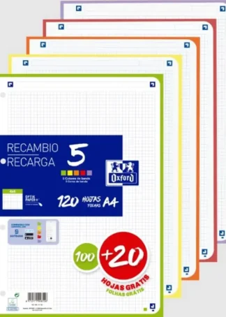 RECAMBIO 5 MULTICOLOR A4 100+20H 90G 4 TALADROS CUAD.4X4C.V