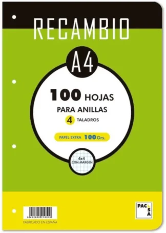 RECAMBIO A4 100H 4 TALADROS 100G CUAD.4X4 C/M CANTOS REDON