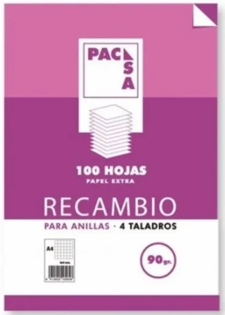 RECAMBIO A4 100H 4 TALADROS 90G 1HORIZ. C/M PACSA
