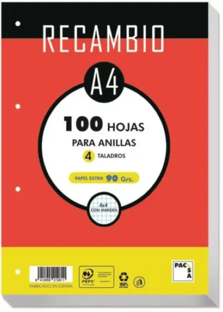 RECAMBIO A4 100H 4 TALADROS 90G CUAD.4X4 C/M PACSA