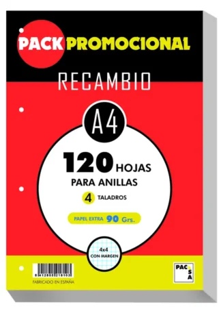 RECAMBIO A4 100+20H 4 TALADROS 90G CUAD.4X4 C/M PACSA