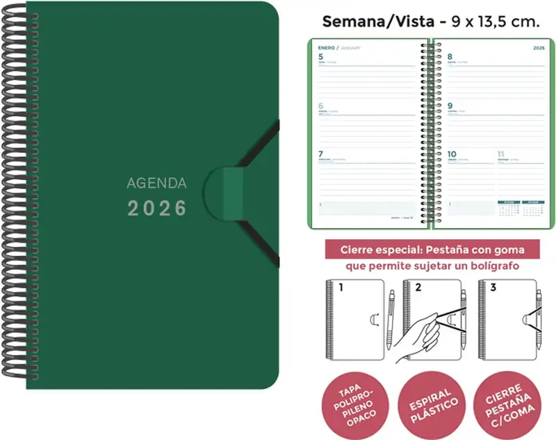 AGENDA ESPIRAL 2026 9X14 SV PP VERDE OSCURO