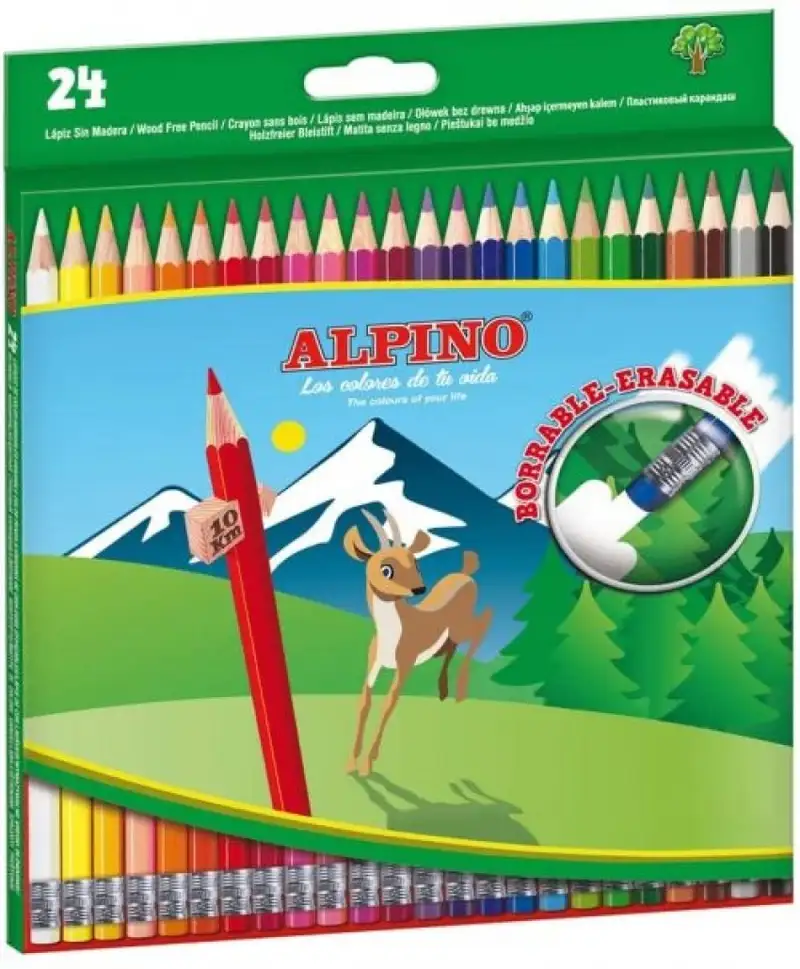 ESTUCHE 24 LAPICES COLORES HEXAGONAL BORRABLE ALPINO