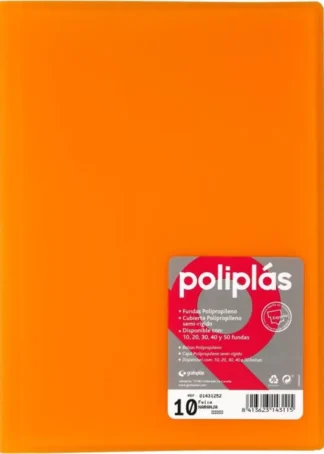 CARPETA Fº 10 FUNDAS SOLDADAS TRANSLUCIDAS NARANJA POLIPLAS