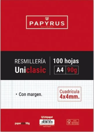 PAQUETE A4 100H 90G CUADRICULA 4X4 C/MARGEN PAPYRUS-UNICLAS