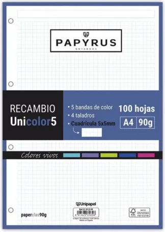 RECAMBIO UNI5 A4 100H 90G 4 TALADROS CUADRICULA 5X5 VIVOS