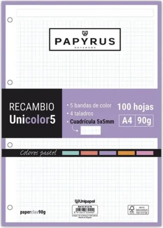 RECAMBIO UNI5 A4 100H 90G 4 TALADROS CUADRICULA 5X5 PASTEL