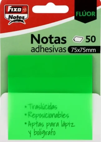 BLOC 50 NOTAS ADHESIVAS TRANSLUCIDAS 75X75 VERDE FLUOR
