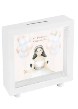 HUCHA BLANCA COMUNION NIÑA GLOBOS