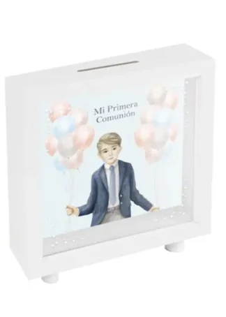 HUCHA BLANCA COMUNION NIÑO GLOBOS