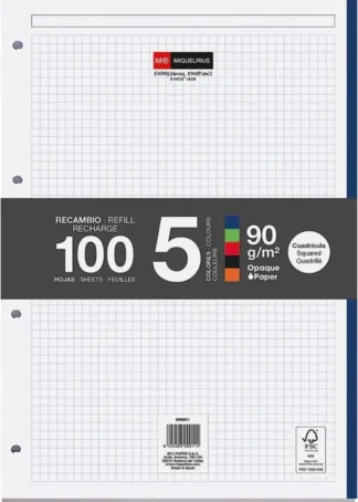 RECAMBIO NOTEBOOK5 A4 100H 90G CUAD.5X5 COLORES INTENSOS