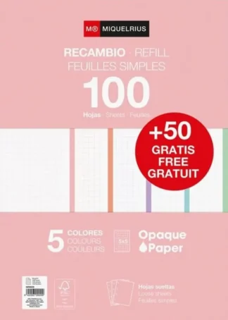RECAMBIO NOTEBOOK5 A4 100+50 90G CUAD. 5X5 COLORES PASTEL