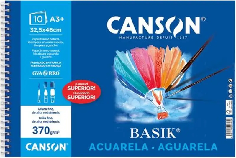 BLOC DIBUJO ESPIRAL BASIK ACUARELA Y TEMPERA A3+ 370G.