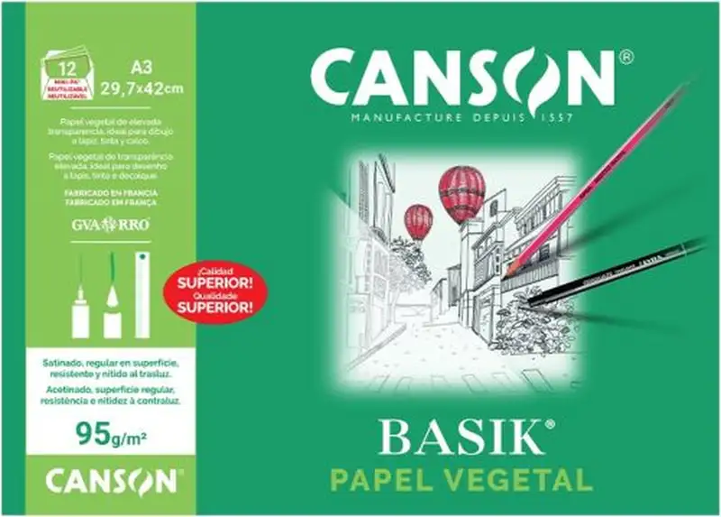 MINIPACK 12 HOJAS PAPEL VEGETAL A3 95G.