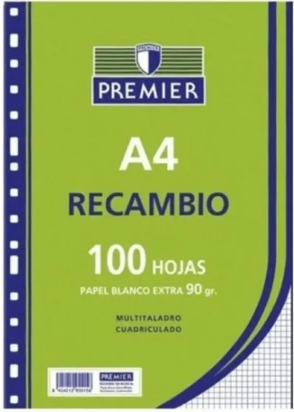 RECAMBIO A4 100H 4 TALADROS 90G CUAD.46 C/M PREMIER