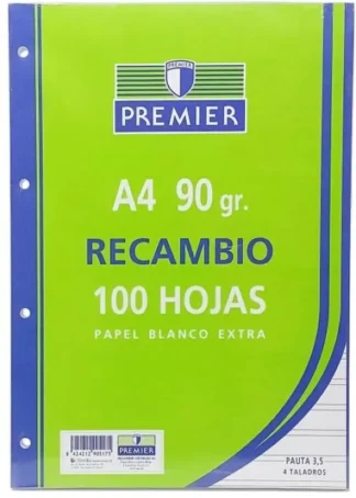 RECAMBIO A4 100H 4 TALADROS 90G PAUTA 3,5 C/M PREMIER