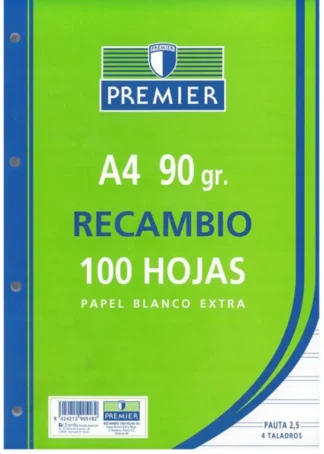 RECAMBIO A4 100H 4 TALADROS 90G PAUTA 2,5 C/M PREMIER