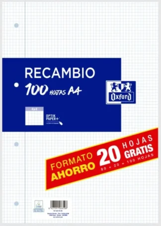 RECAMBIO A4 100H 4 TALADROS 90G. CUAD.4X4 C/M OXFORD
