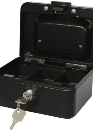 CAJA CAUDALES PEQUEÑA CON BANDEJA Y CIERRE 15X8X11CM NEGRO